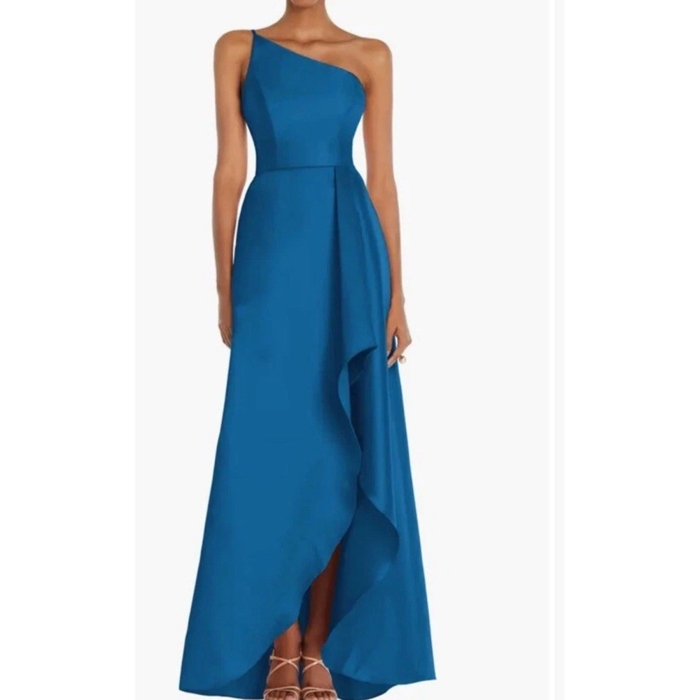 Alfred Sung One-Shoulder Satin Gown Classic High Low Blue New Size 20 R NWT